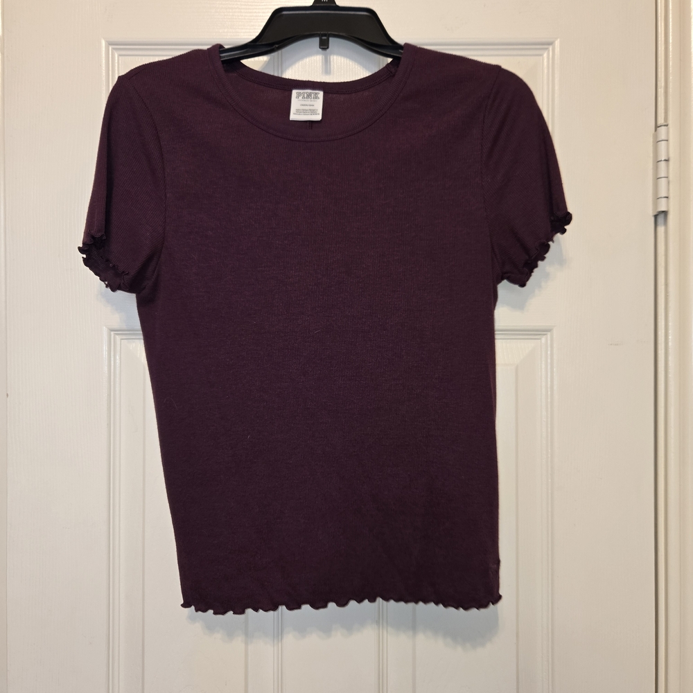 PINK Victoria's Secret Maroon Short Sleeve Lettuce-Edge Tee